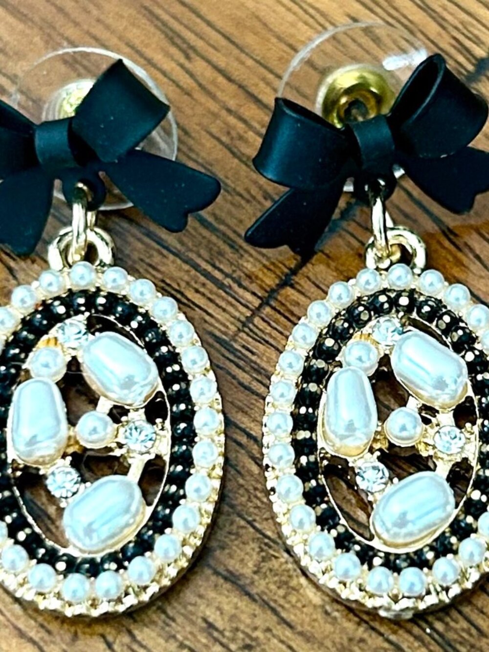 Faux Pearl and Rhinestone with Black Bow Pierced Earrings